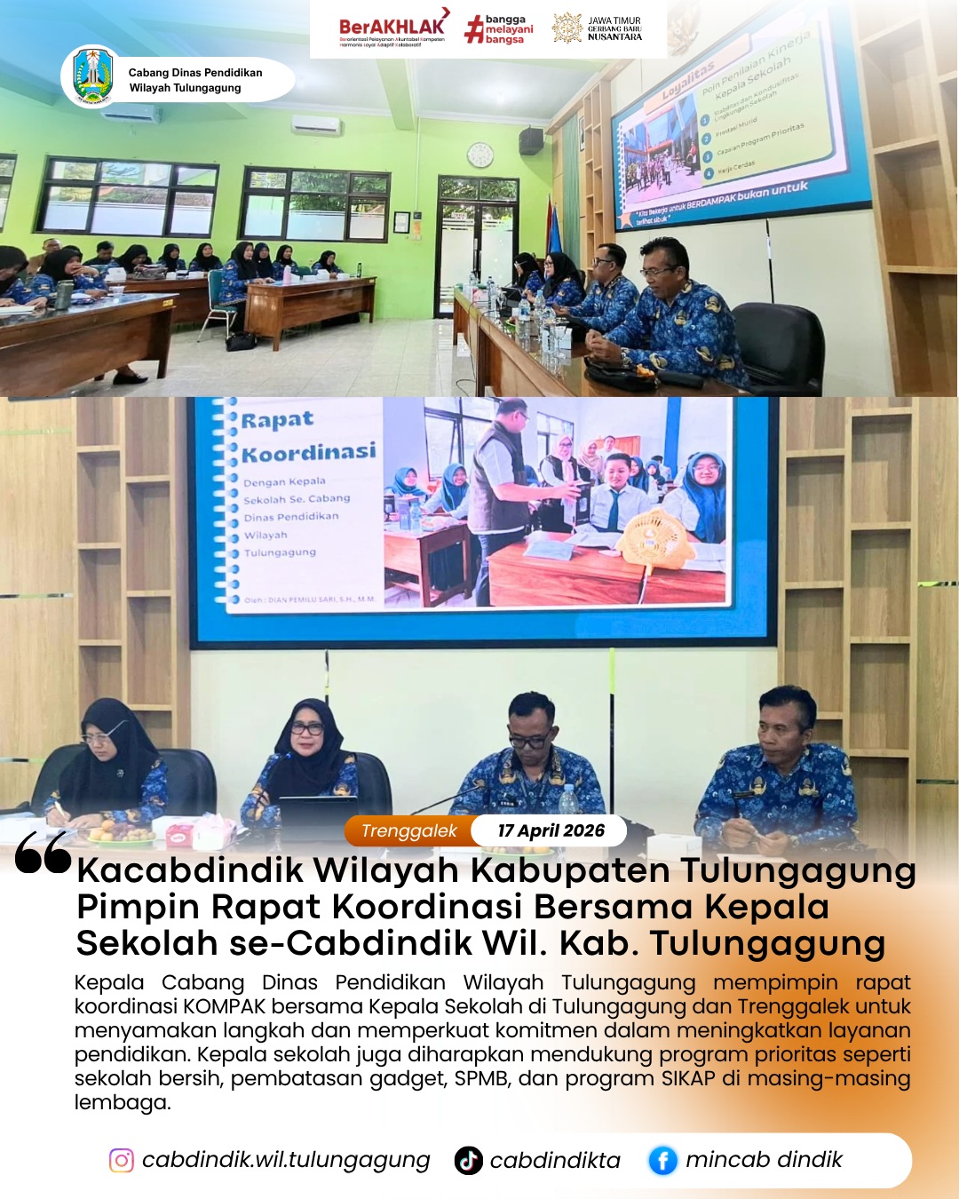 Kepala Cabang Dinas Pendidikan Wilayah Tulungagung Memimpin Rapat Koordinasi KOMPAK